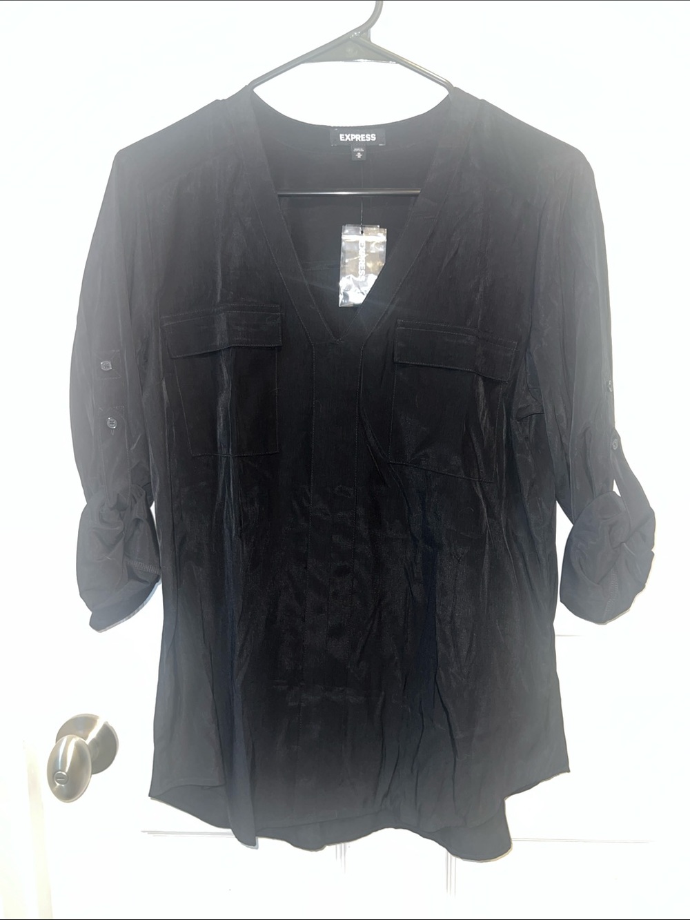 Express Black V-Neck Roll-Sleeve Tunic Blouse